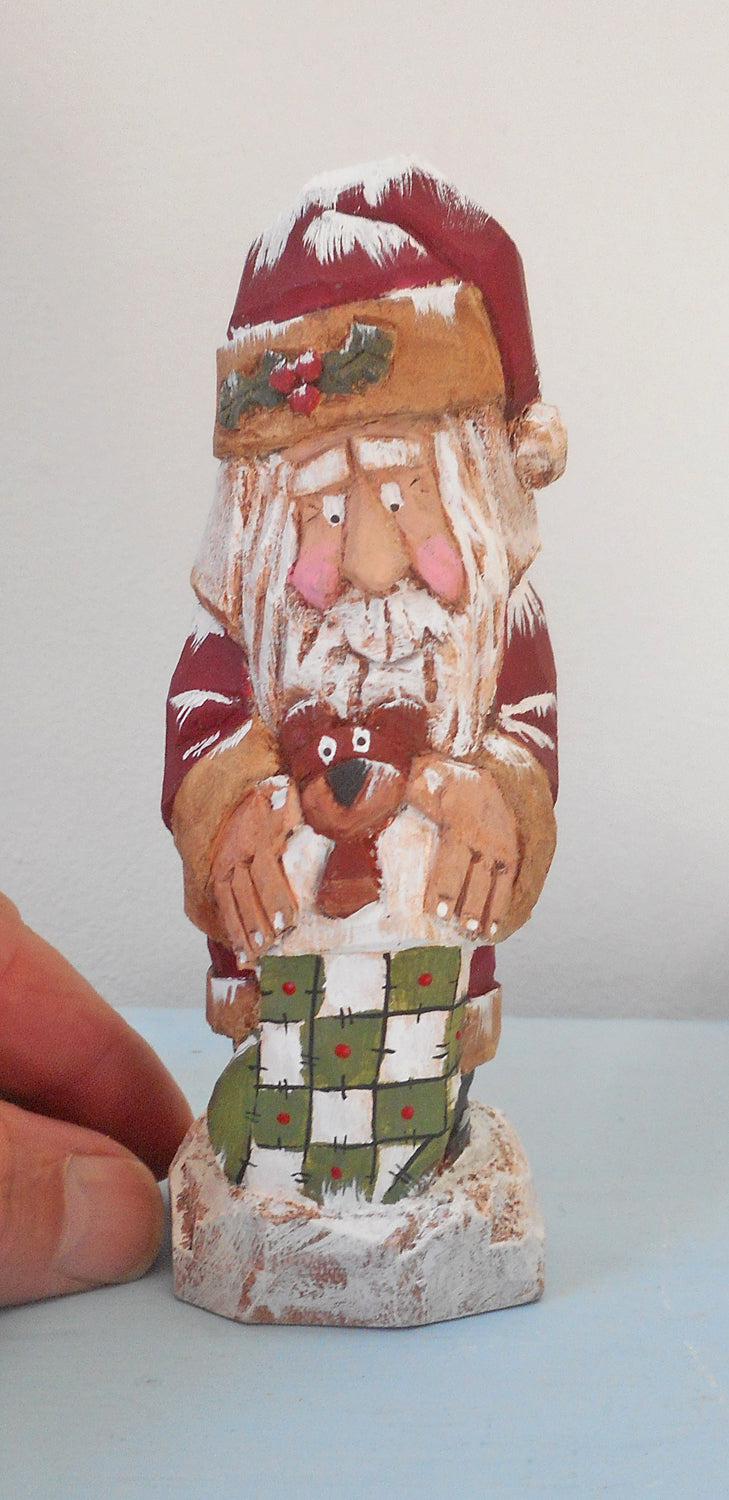 Santa Claus Wood Carving with Teddy Bear