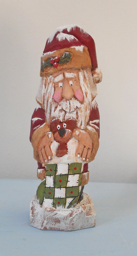 Santa Claus Wood Carving with Teddy Bear