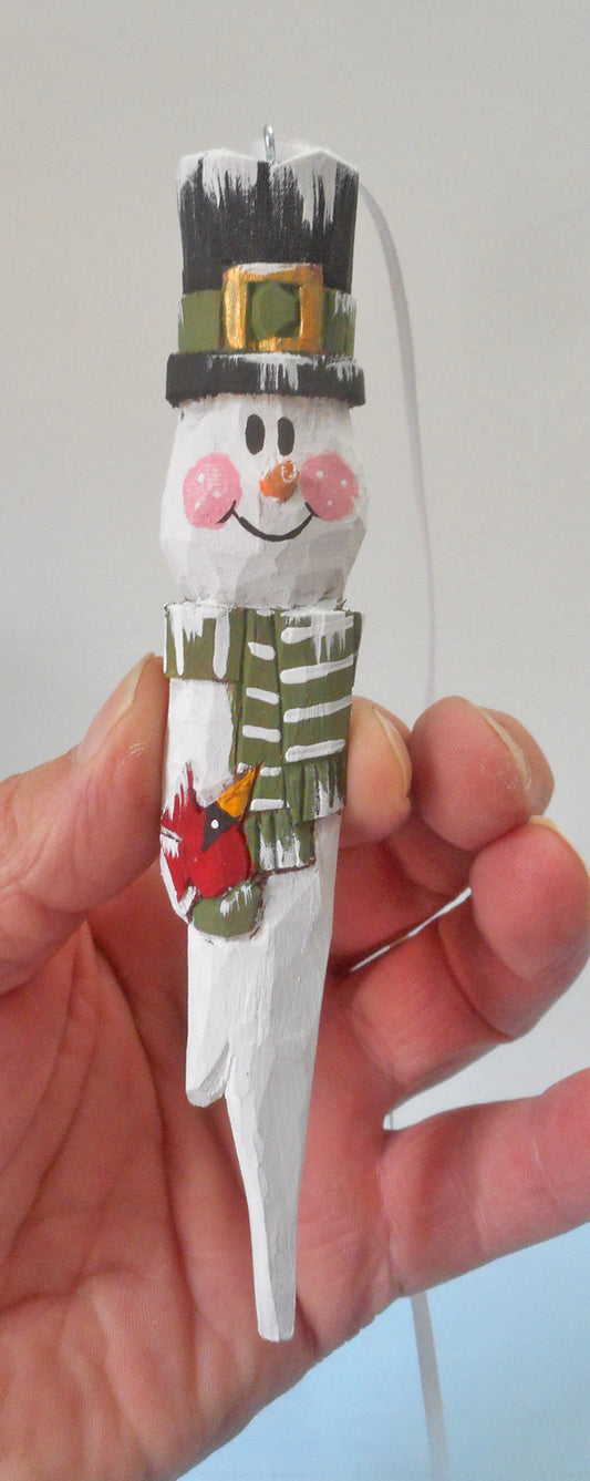 Hand Carved Snowman Folk Art Christmas Ornament