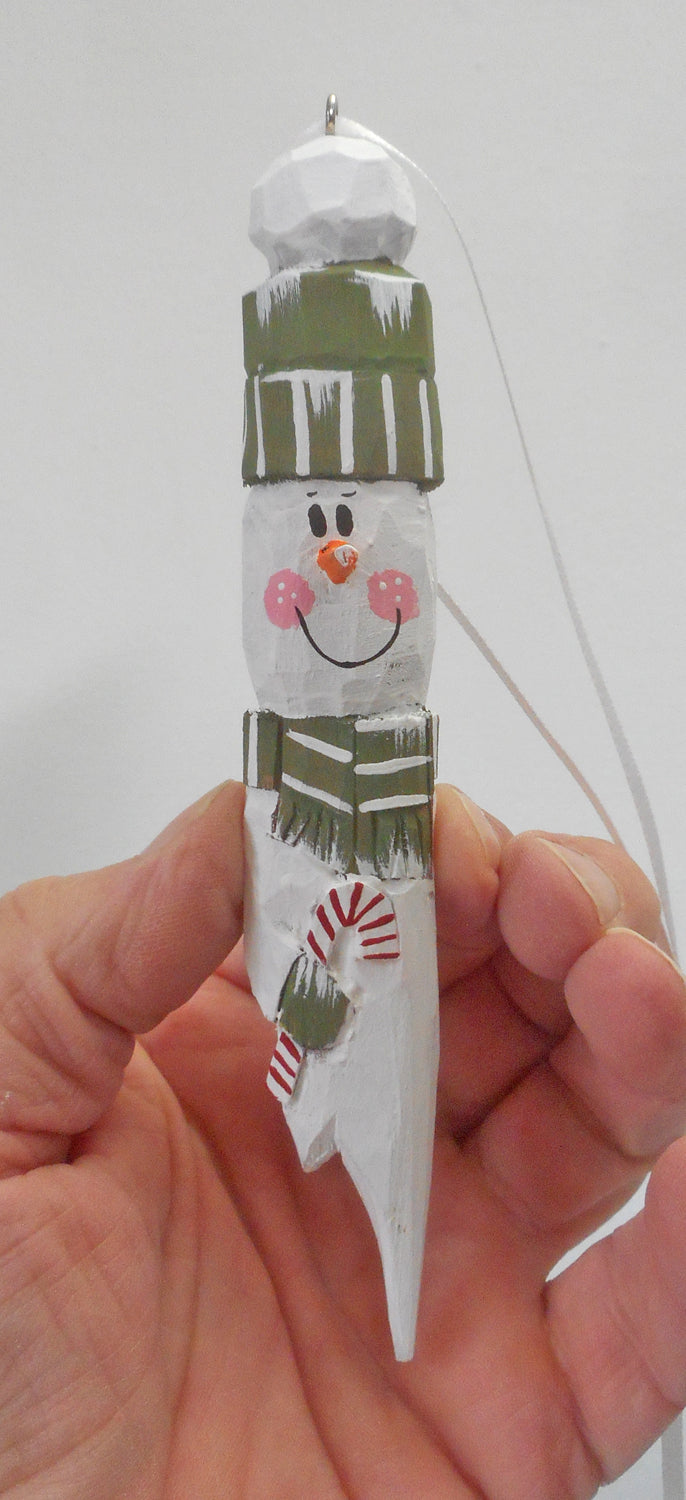 Wood Snowman Ornament with Candy Cane