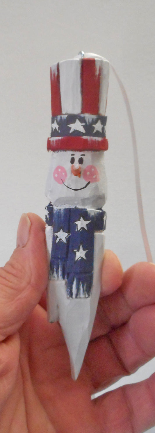 Wood Snowman Patriotic Christmas Tree Ornament